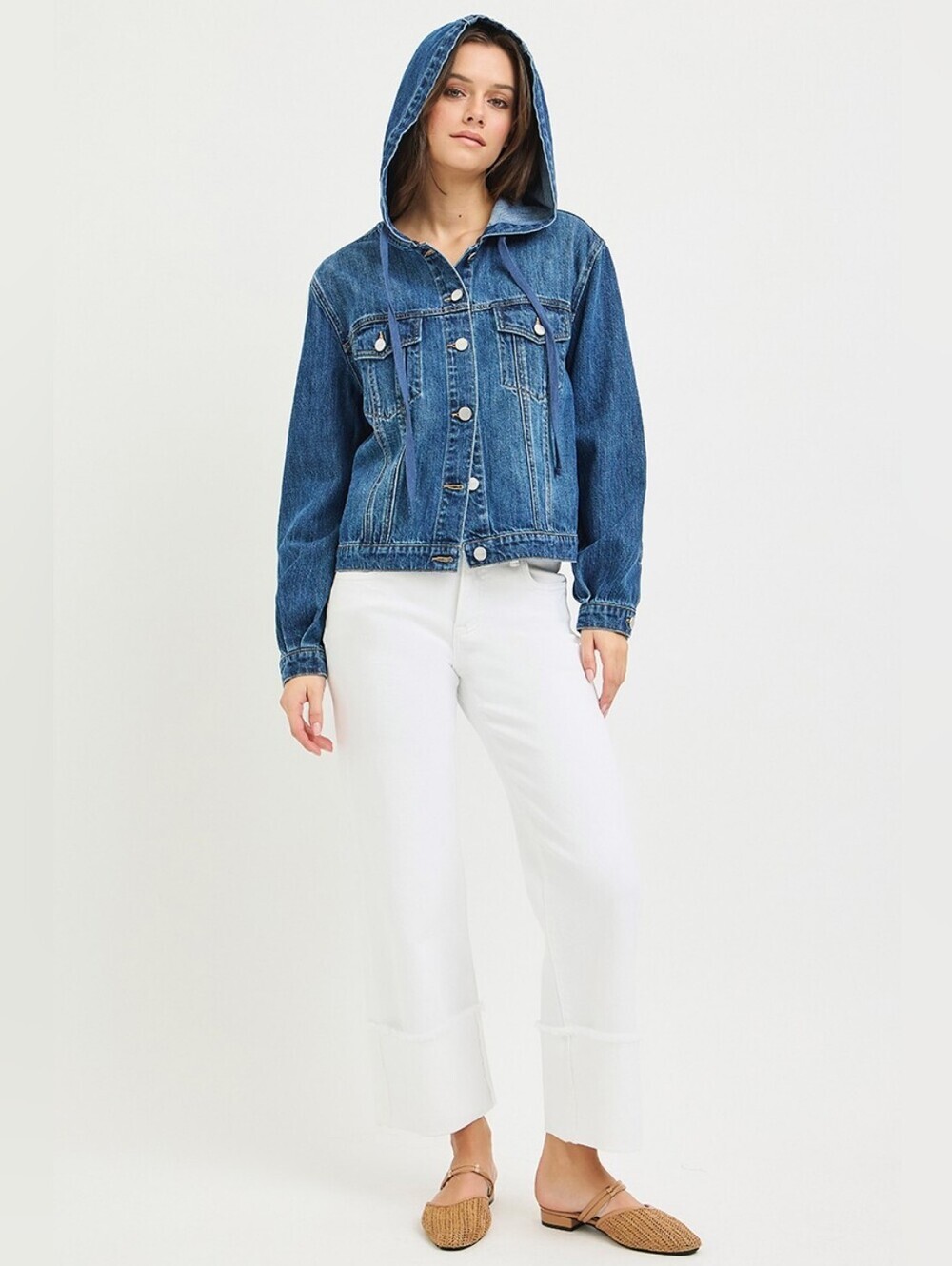 RISEN Medium Wash Denim Jacket Hood Cotton Button Front Relaxed Various NEW